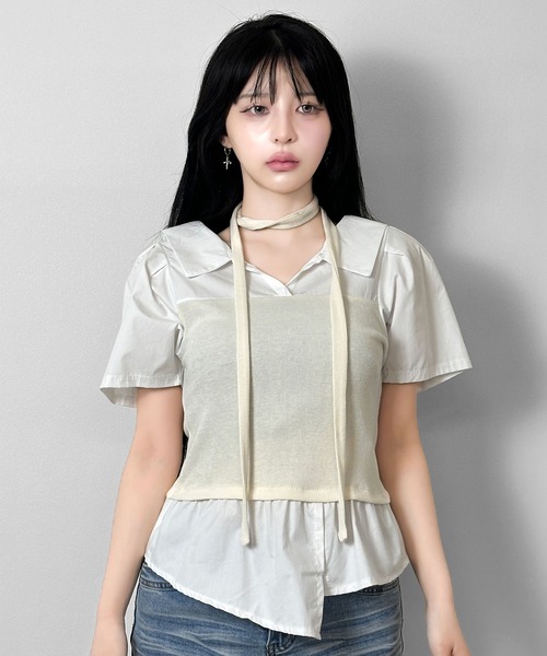 FOLLOWIN(フォロウィン)の「【マフラー付き/3COLOR】レイヤードビスチェシャツ(シャツ/ブラウス・レディース・グレー/ホワイト/ブラック・FREE)」の5枚目の写真