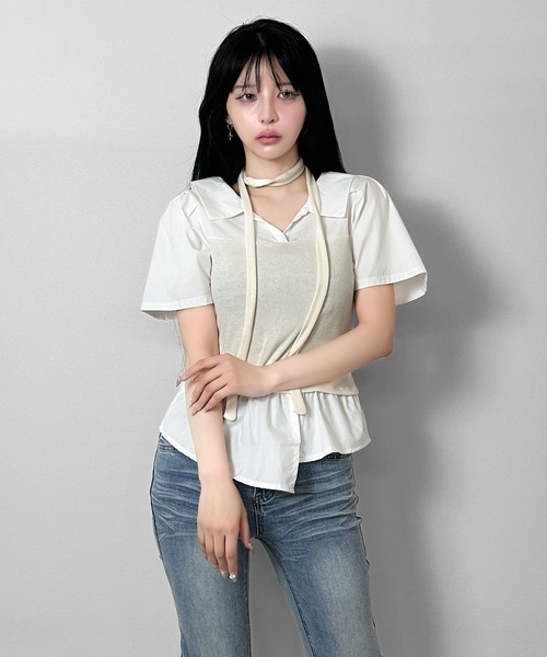 FOLLOWIN(フォロウィン)の「【マフラー付き/3COLOR】レイヤードビスチェシャツ(シャツ/ブラウス・レディース・グレー/ホワイト/ブラック・FREE)」の6枚目の写真