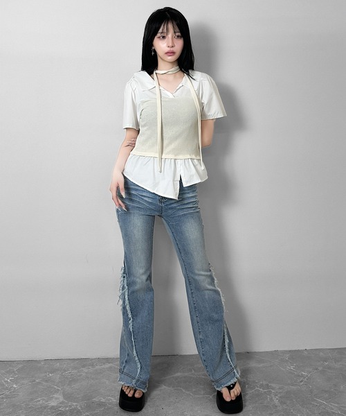 FOLLOWIN(フォロウィン)の「【マフラー付き/3COLOR】レイヤードビスチェシャツ(シャツ/ブラウス・レディース・グレー/ホワイト/ブラック・FREE)」の11枚目の写真