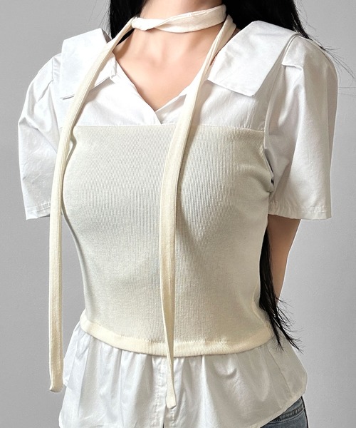 FOLLOWIN(フォロウィン)の「【マフラー付き/3COLOR】レイヤードビスチェシャツ(シャツ/ブラウス・レディース・グレー/ホワイト/ブラック・FREE)」の4枚目の写真