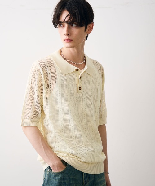 Shoowtime(ショウタイム)の「Mesh knit sheer polo / メッシュ編みシアーポロ(ポロシャツ・メンズ・クリーム/ブラック・MEDIUM/LARGE/X-LARGE)」の1枚目の写真