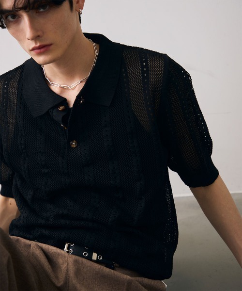 Shoowtime(ショウタイム)の「Mesh knit sheer polo / メッシュ編みシアーポロ(ポロシャツ・メンズ・クリーム/ブラック・MEDIUM/LARGE/X-LARGE)」の2枚目の写真