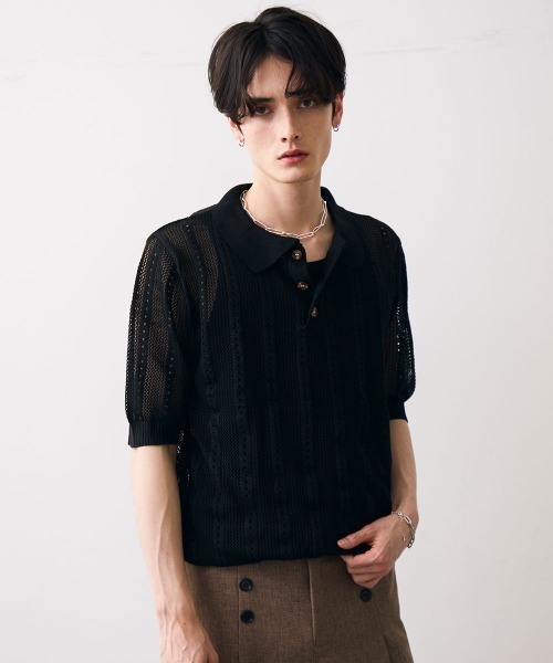 Shoowtime(ショウタイム)の「Mesh knit sheer polo / メッシュ編みシアーポロ(ポロシャツ・メンズ・クリーム/ブラック・MEDIUM/LARGE/X-LARGE)」の3枚目の写真
