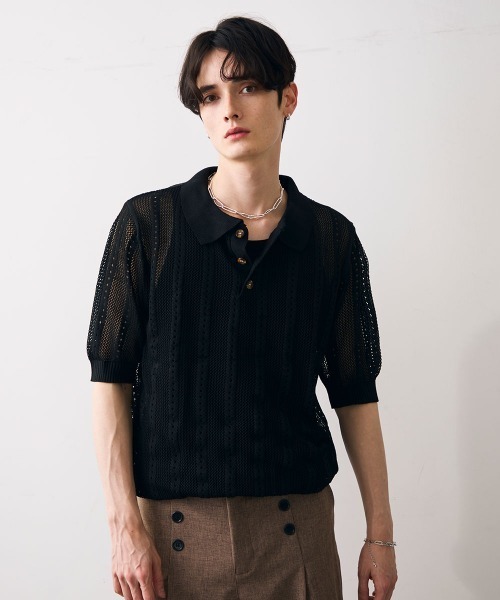 Shoowtime(ショウタイム)の「Mesh knit sheer polo / メッシュ編みシアーポロ(ポロシャツ・メンズ・クリーム/ブラック・MEDIUM/LARGE/X-LARGE)」の4枚目の写真
