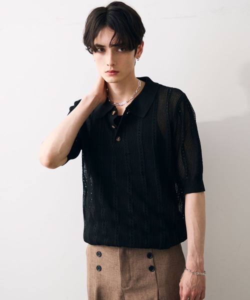Shoowtime(ショウタイム)の「Mesh knit sheer polo / メッシュ編みシアーポロ(ポロシャツ・メンズ・クリーム/ブラック・MEDIUM/LARGE/X-LARGE)」の5枚目の写真