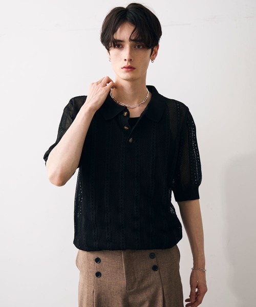 Shoowtime(ショウタイム)の「Mesh knit sheer polo / メッシュ編みシアーポロ(ポロシャツ・メンズ・クリーム/ブラック・MEDIUM/LARGE/X-LARGE)」の6枚目の写真