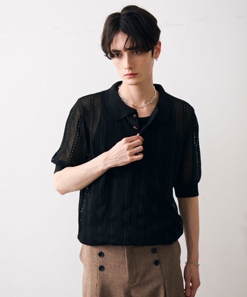Shoowtime(ショウタイム)の「Mesh knit sheer polo / メッシュ編みシアーポロ(ポロシャツ・メンズ・クリーム/ブラック・MEDIUM/LARGE/X-LARGE)」の7枚目の写真