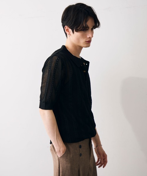 Shoowtime(ショウタイム)の「Mesh knit sheer polo / メッシュ編みシアーポロ(ポロシャツ・メンズ・クリーム/ブラック・MEDIUM/LARGE/X-LARGE)」の8枚目の写真