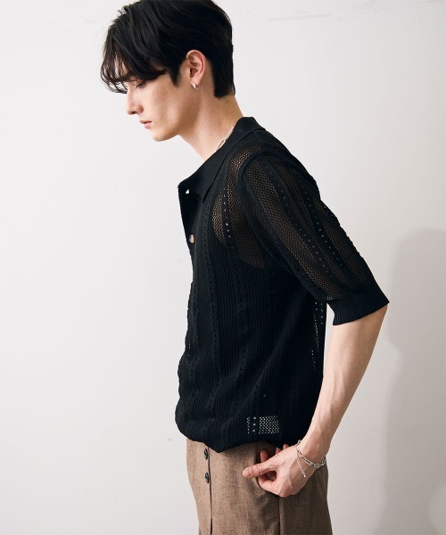 Shoowtime(ショウタイム)の「Mesh knit sheer polo / メッシュ編みシアーポロ(ポロシャツ・メンズ・クリーム/ブラック・MEDIUM/LARGE/X-LARGE)」の9枚目の写真