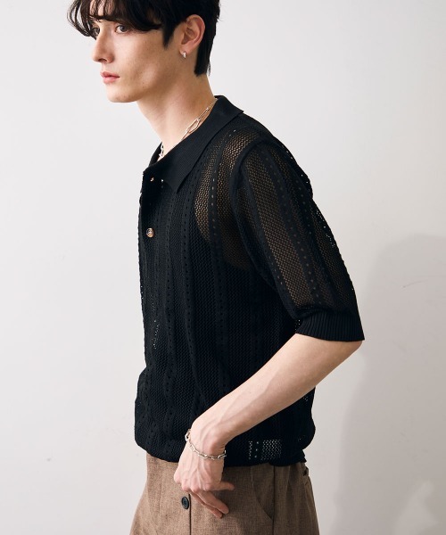Shoowtime(ショウタイム)の「Mesh knit sheer polo / メッシュ編みシアーポロ(ポロシャツ・メンズ・クリーム/ブラック・MEDIUM/LARGE/X-LARGE)」の10枚目の写真