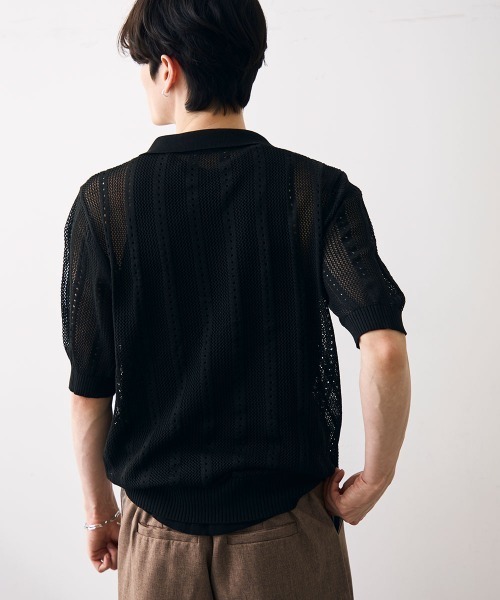 Shoowtime(ショウタイム)の「Mesh knit sheer polo / メッシュ編みシアーポロ(ポロシャツ・メンズ・クリーム/ブラック・MEDIUM/LARGE/X-LARGE)」の11枚目の写真