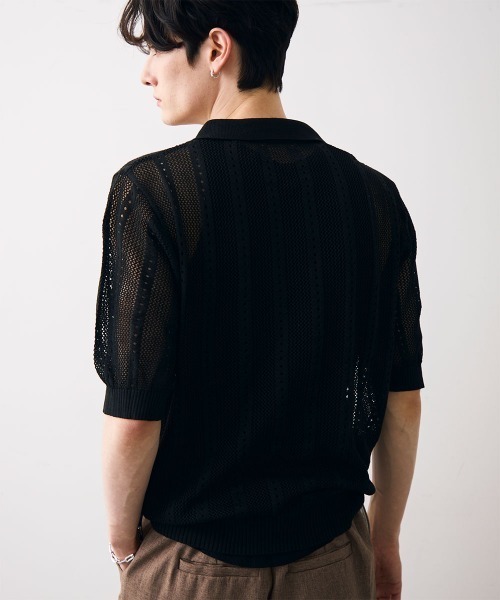 Shoowtime(ショウタイム)の「Mesh knit sheer polo / メッシュ編みシアーポロ(ポロシャツ・メンズ・クリーム/ブラック・MEDIUM/LARGE/X-LARGE)」の12枚目の写真