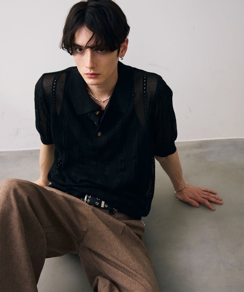 Shoowtime(ショウタイム)の「Mesh knit sheer polo / メッシュ編みシアーポロ(ポロシャツ・メンズ・クリーム/ブラック・MEDIUM/LARGE/X-LARGE)」の13枚目の写真