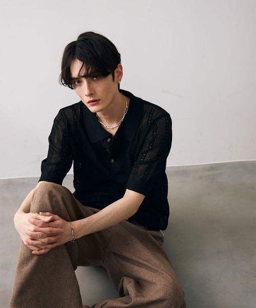 Shoowtime(ショウタイム)の「Mesh knit sheer polo / メッシュ編みシアーポロ(ポロシャツ・メンズ・クリーム/ブラック・MEDIUM/LARGE/X-LARGE)」の14枚目の写真