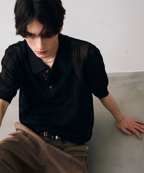 Shoowtime(ショウタイム)の「Mesh knit sheer polo / メッシュ編みシアーポロ(ポロシャツ・メンズ・クリーム/ブラック・MEDIUM/LARGE/X-LARGE)」の15枚目の写真