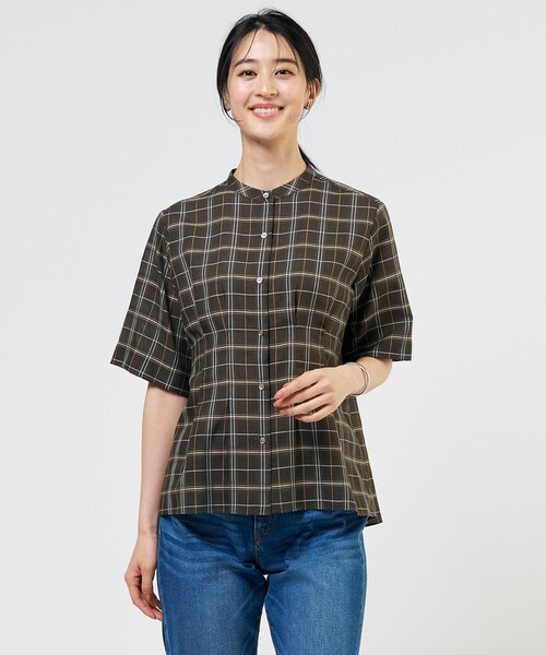 J.PRESS(ジェイプレス)の「【一枚で着映え】キュプラチェック バンドカラー ブラウス(シャツ/ブラウス・レディース・ホワイト系3/ネイビー系3/ブラウン系3・T15/T13)」の2枚目の写真