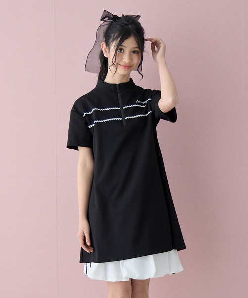 Amourire girl(アムリールガール)の「ハーフジップ レース ミニ丈 半袖 ワンピース(ワンピース・キッズ・サックスブルー/ブラック・140cm/150cm/160cm)」の7枚目の写真