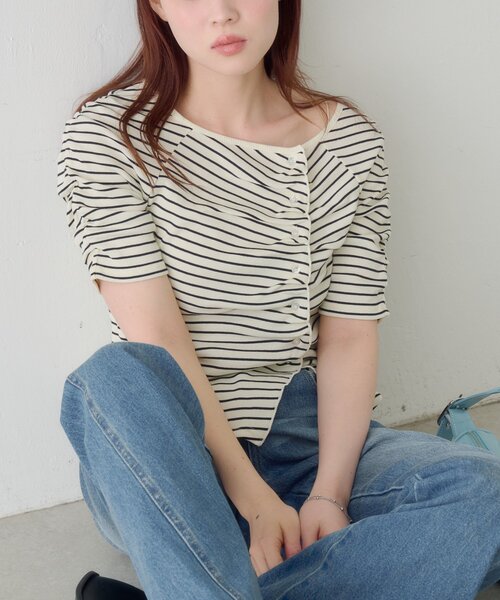 Kastane（カスタネ）の「ギャザーテレコ半袖カーディガン（Tシャツ/カットソー・レディース・ブラック系その他/オフホワイト/ホワイト/サックスブルー/ブラック/アイボリー・FREE）」の13枚目の写真