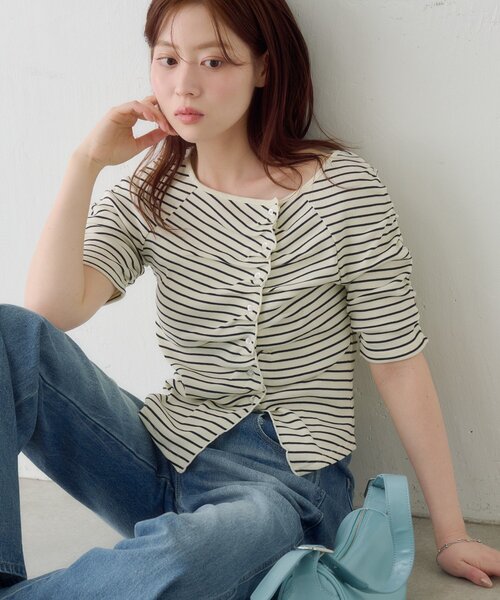 Kastane（カスタネ）の「ギャザーテレコ半袖カーディガン（Tシャツ/カットソー・レディース・ブラック系その他/オフホワイト/ホワイト/サックスブルー/ブラック/アイボリー・FREE）」の14枚目の写真