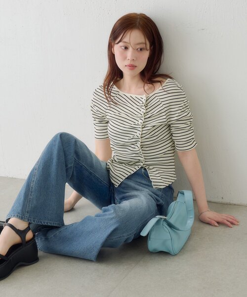 Kastane（カスタネ）の「ギャザーテレコ半袖カーディガン（Tシャツ/カットソー・レディース・ブラック系その他/オフホワイト/ホワイト/サックスブルー/ブラック/アイボリー・FREE）」の15枚目の写真