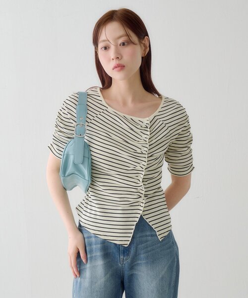 Kastane（カスタネ）の「ギャザーテレコ半袖カーディガン（Tシャツ/カットソー・レディース・ブラック系その他/オフホワイト/ホワイト/サックスブルー/ブラック/アイボリー・FREE）」の16枚目の写真