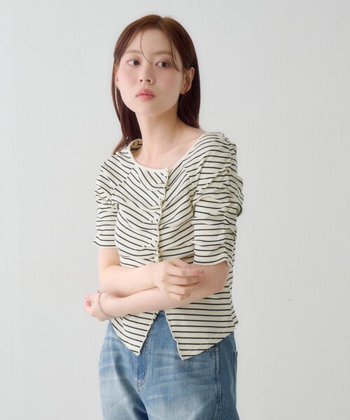 Kastane（カスタネ）の「ギャザーテレコ半袖カーディガン（Tシャツ/カットソー・レディース・ブラック系その他/オフホワイト/ホワイト/サックスブルー/ブラック/アイボリー・FREE）」の17枚目の写真