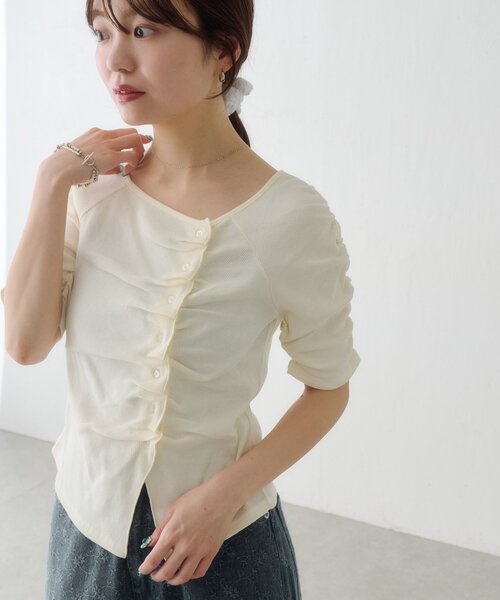 Kastane（カスタネ）の「ギャザーテレコ半袖カーディガン（Tシャツ/カットソー・レディース・ブラック系その他/オフホワイト/ホワイト/サックスブルー/ブラック/アイボリー・FREE）」の21枚目の写真