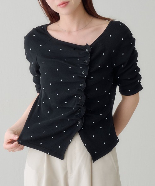 Kastane（カスタネ）の「ギャザーテレコ半袖カーディガン（Tシャツ/カットソー・レディース・ブラック系その他/オフホワイト/ホワイト/サックスブルー/ブラック/アイボリー・FREE）」の5枚目の写真
