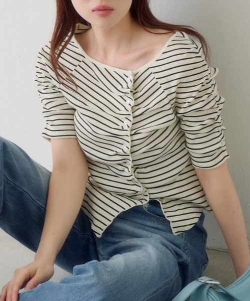 Kastane（カスタネ）の「ギャザーテレコ半袖カーディガン（Tシャツ/カットソー・レディース・ブラック系その他/オフホワイト/ホワイト/サックスブルー/ブラック/アイボリー・FREE）」の2枚目の写真