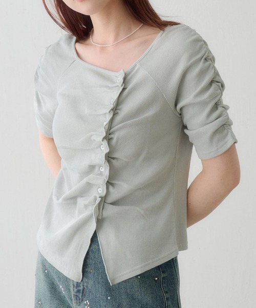 Kastane（カスタネ）の「ギャザーテレコ半袖カーディガン（Tシャツ/カットソー・レディース・ブラック系その他/オフホワイト/ホワイト/サックスブルー/ブラック/アイボリー・FREE）」の6枚目の写真