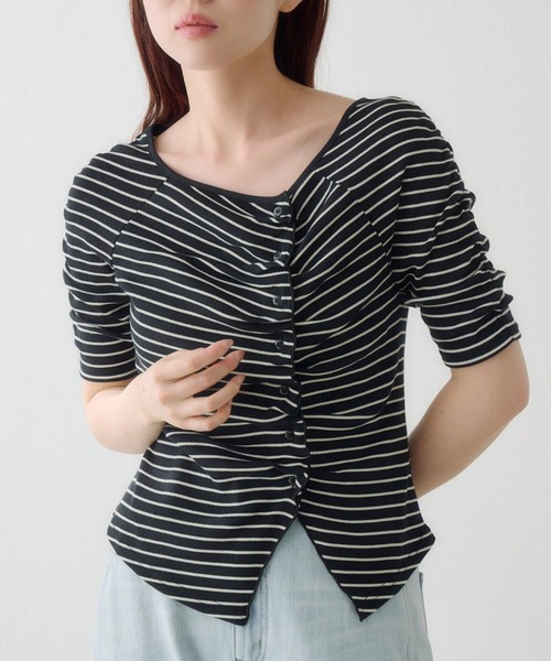 Kastane（カスタネ）の「ギャザーテレコ半袖カーディガン（Tシャツ/カットソー・レディース・ブラック系その他/オフホワイト/ホワイト/サックスブルー/ブラック/アイボリー・FREE）」の7枚目の写真