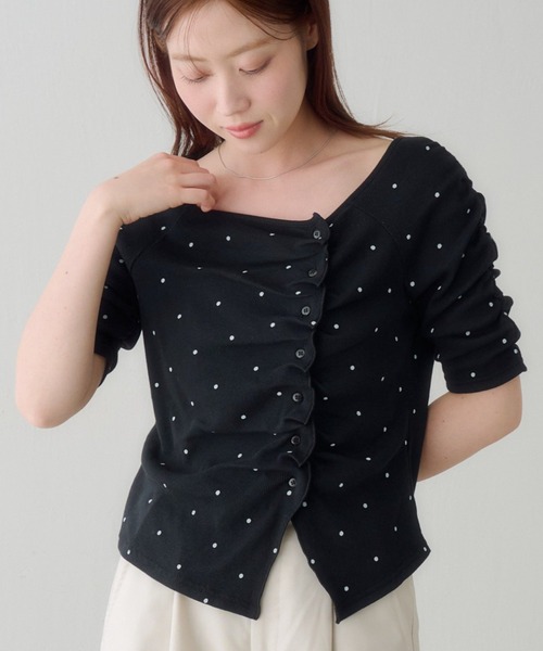 Kastane（カスタネ）の「ギャザーテレコ半袖カーディガン（Tシャツ/カットソー・レディース・ブラック系その他/オフホワイト/ホワイト/サックスブルー/ブラック/アイボリー・FREE）」の9枚目の写真