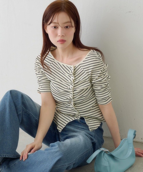 Kastane（カスタネ）の「ギャザーテレコ半袖カーディガン（Tシャツ/カットソー・レディース・ブラック系その他/オフホワイト/ホワイト/サックスブルー/ブラック/アイボリー・FREE）」の10枚目の写真