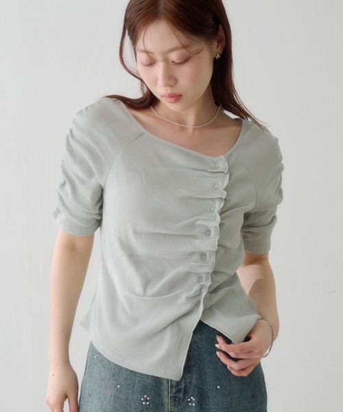 Kastane（カスタネ）の「ギャザーテレコ半袖カーディガン（Tシャツ/カットソー・レディース・ブラック系その他/オフホワイト/ホワイト/サックスブルー/ブラック/アイボリー・FREE）」の11枚目の写真