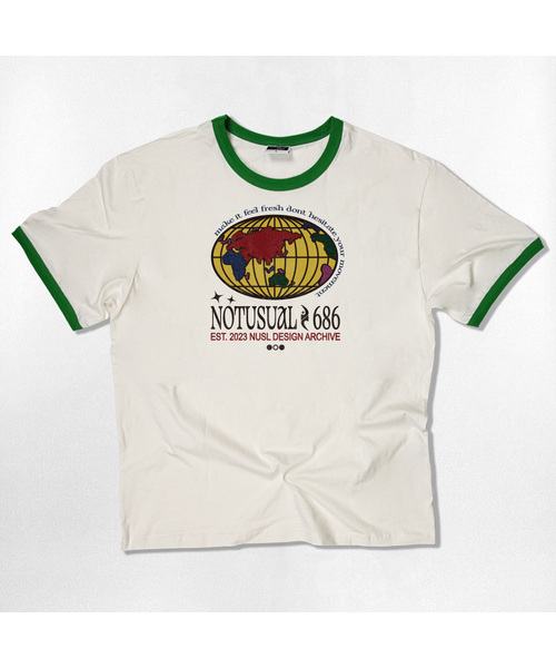 NOTUSUAL(ノットユージュアル)の「カラーリングワールド リンガー 半袖Tシャツ 4色(Tシャツ/カットソー・レディース・クリーム/ホワイト×グリーン/ホワイト/ネイビー・SMALL/MEDIUM/LARGE/X-LARGE)」の2枚目の写真