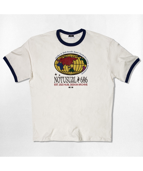 NOTUSUAL(ノットユージュアル)の「カラーリングワールド リンガー 半袖Tシャツ 4色(Tシャツ/カットソー・レディース・クリーム/ホワイト×グリーン/ホワイト/ネイビー・SMALL/MEDIUM/LARGE/X-LARGE)」の1枚目の写真