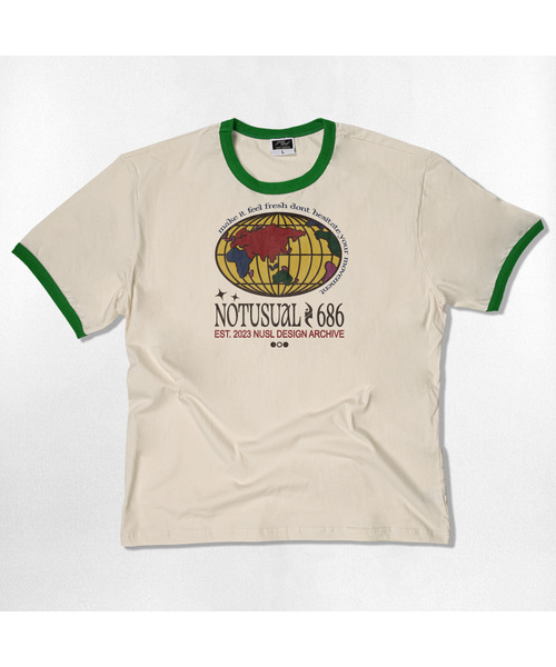 NOTUSUAL(ノットユージュアル)の「カラーリングワールド リンガー 半袖Tシャツ 4色(Tシャツ/カットソー・レディース・クリーム/ホワイト×グリーン/ホワイト/ネイビー・SMALL/MEDIUM/LARGE/X-LARGE)」の3枚目の写真