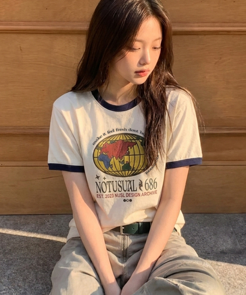 NOTUSUAL(ノットユージュアル)の「カラーリングワールド リンガー 半袖Tシャツ 4色(Tシャツ/カットソー・レディース・クリーム/ホワイト×グリーン/ホワイト/ネイビー・SMALL/MEDIUM/LARGE/X-LARGE)」の5枚目の写真