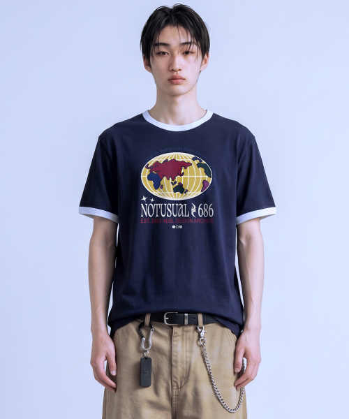 NOTUSUAL(ノットユージュアル)の「カラーリングワールド リンガー 半袖Tシャツ 4色(Tシャツ/カットソー・レディース・クリーム/ホワイト×グリーン/ホワイト/ネイビー・SMALL/MEDIUM/LARGE/X-LARGE)」の6枚目の写真