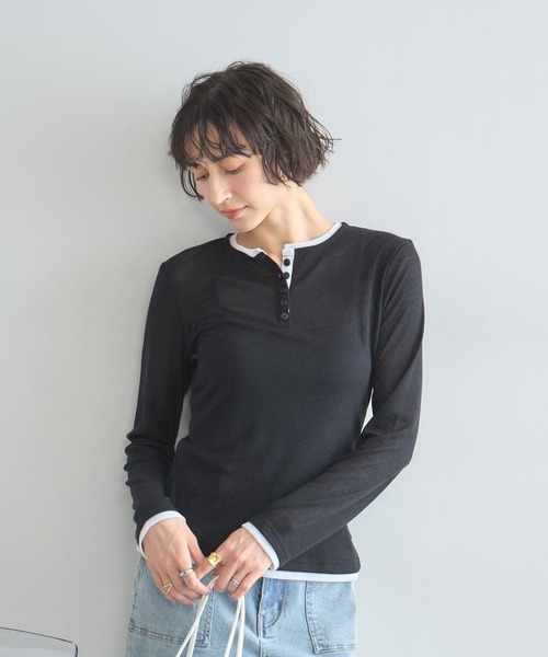 &. NOSTALGIA(アンドドットノスタルジア)の「配色ヘンリーネックシアートップス(Tシャツ/カットソー・レディース・グレー/ブラウン/ブラック・M)」の8枚目の写真