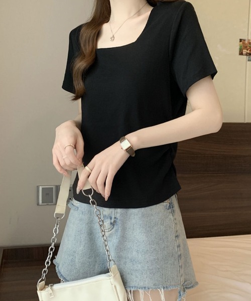 2ly2(トゥーリートゥー)の「スクエアネック半袖Tシャツ レディース シンプル コンパクトトップス(Tシャツ/カットソー・レディース・ホワイト/ブラック・FREE)」の8枚目の写真