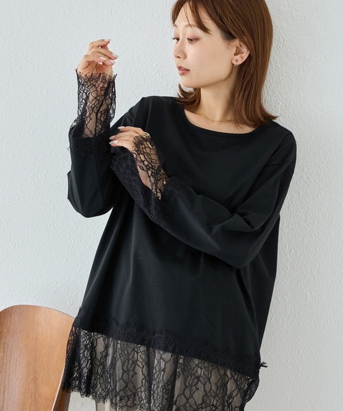 LAVEANGE(ラビアンジェ)の「レース切替プルオーバー|レイヤード/重ね着/大人フェミニン/体型カバー(Tシャツ/カットソー・レディース・オフホワイト/ブラック・M/LL/5L/4L/3L)」の1枚目の写真