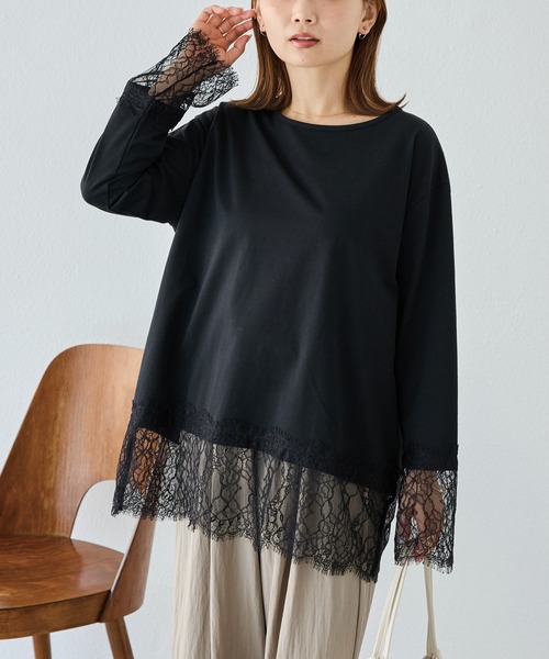 LAVEANGE(ラビアンジェ)の「レース切替プルオーバー|レイヤード/重ね着/大人フェミニン/体型カバー(Tシャツ/カットソー・レディース・オフホワイト/ブラック・M/LL/5L/4L/3L)」の19枚目の写真