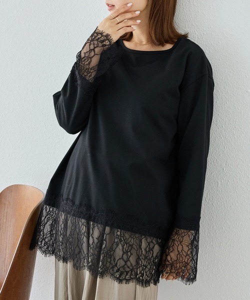 LAVEANGE(ラビアンジェ)の「レース切替プルオーバー|レイヤード/重ね着/大人フェミニン/体型カバー(Tシャツ/カットソー・レディース・オフホワイト/ブラック・M/LL/5L/4L/3L)」の21枚目の写真