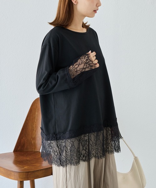 LAVEANGE(ラビアンジェ)の「レース切替プルオーバー|レイヤード/重ね着/大人フェミニン/体型カバー(Tシャツ/カットソー・レディース・オフホワイト/ブラック・M/LL/5L/4L/3L)」の22枚目の写真