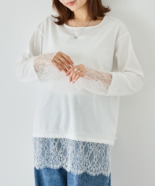 LAVEANGE(ラビアンジェ)の「レース切替プルオーバー|レイヤード/重ね着/大人フェミニン/体型カバー(Tシャツ/カットソー・レディース・オフホワイト/ブラック・M/LL/5L/4L/3L)」の3枚目の写真