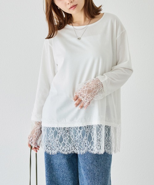 LAVEANGE(ラビアンジェ)の「レース切替プルオーバー|レイヤード/重ね着/大人フェミニン/体型カバー(Tシャツ/カットソー・レディース・オフホワイト/ブラック・M/LL/5L/4L/3L)」の4枚目の写真