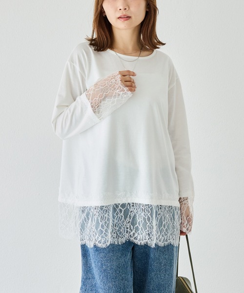 LAVEANGE(ラビアンジェ)の「レース切替プルオーバー|レイヤード/重ね着/大人フェミニン/体型カバー(Tシャツ/カットソー・レディース・オフホワイト/ブラック・M/LL/5L/4L/3L)」の5枚目の写真