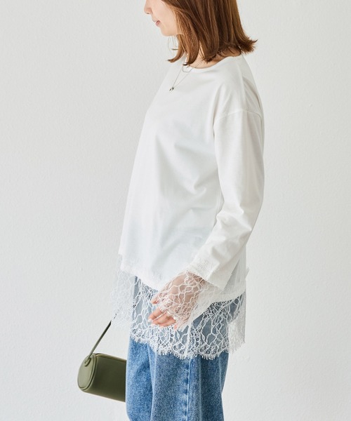 LAVEANGE(ラビアンジェ)の「レース切替プルオーバー|レイヤード/重ね着/大人フェミニン/体型カバー(Tシャツ/カットソー・レディース・オフホワイト/ブラック・M/LL/5L/4L/3L)」の6枚目の写真