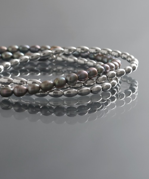 YAJIFO 黒と銀のビーズネックレス YArKA/ヤーカ】fusiform shape silver beads & pearl long necklace